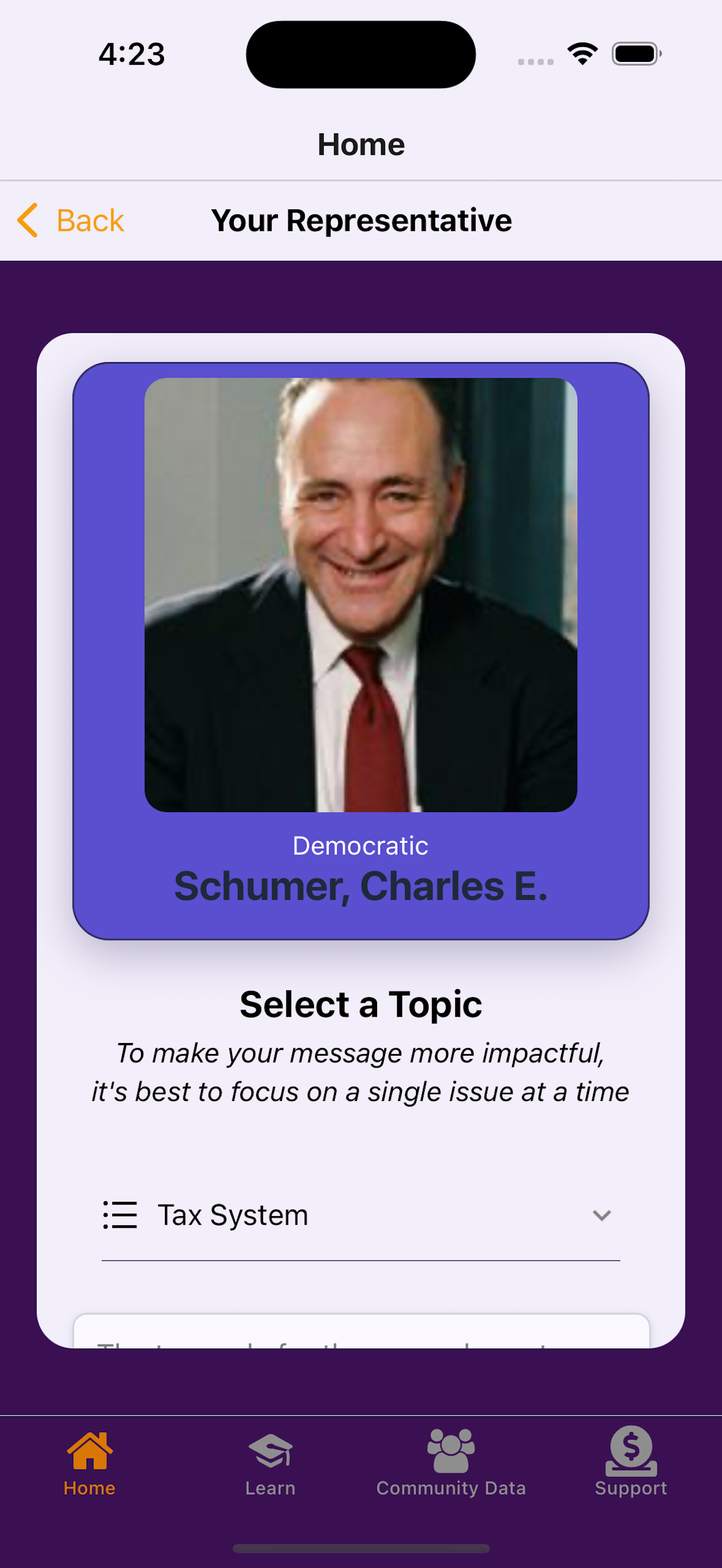 Poli app - Find Your Representative screen